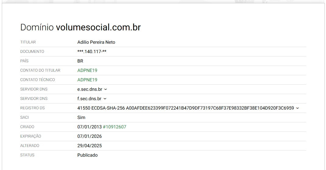 Comprovação de registro do domínio volumesocial.com.br em 2013